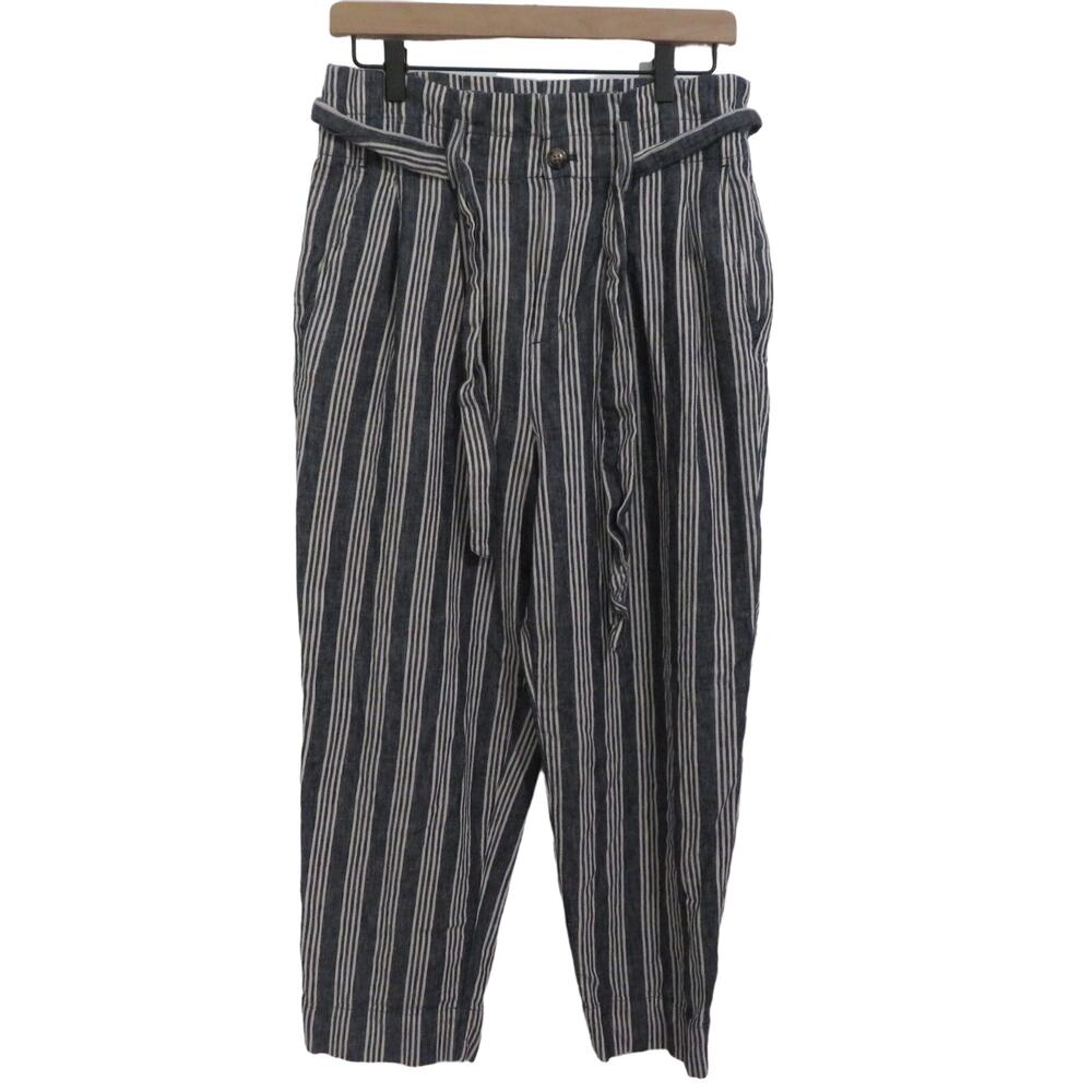 Madewell Womens Sz 6 Blue White Striped Linen Cotton Paperbag Pants High Rise